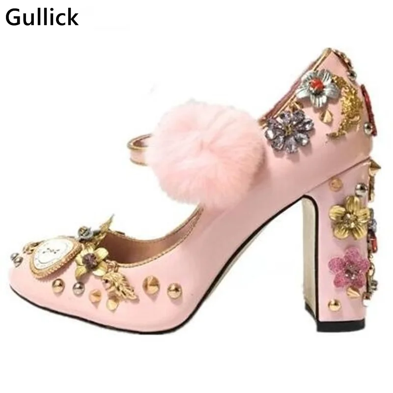 

2018 Pink Pom-pom Thick Heels Woman Shoes Crystal Embellished Ankle Strap Shoes Woman Retro Rivets Studded High Heels Shoes