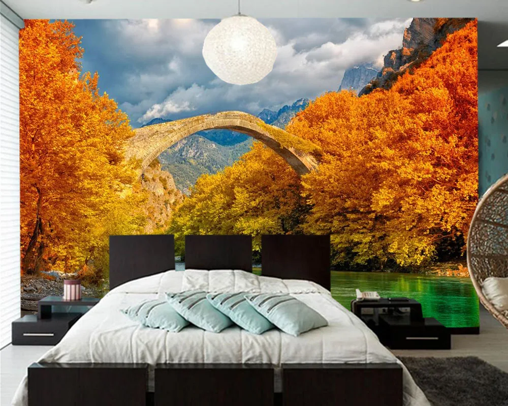 Настенные 3D обои с изображением моста Сан Диего осенних деревьев и реки для
