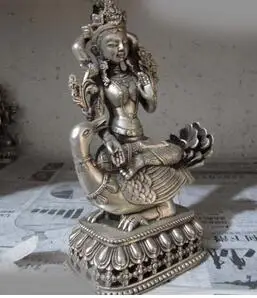 Тибет Белый медь серебро Ездить Утка Гуань Инь Гуань-инь Бодхисаттвы Статуя