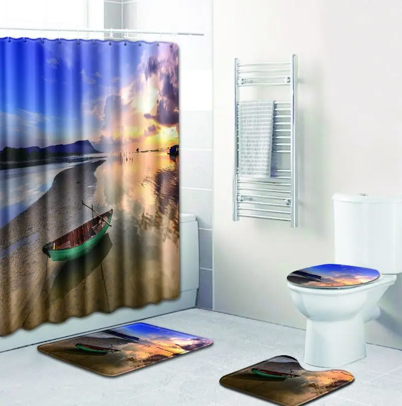 Bath Mats Bathroom Set Carpet Scape Shower Curtain Anti Slip Toilet Seat Covers 3D 4pcs Mat Accessories Home Decor | Дом и сад