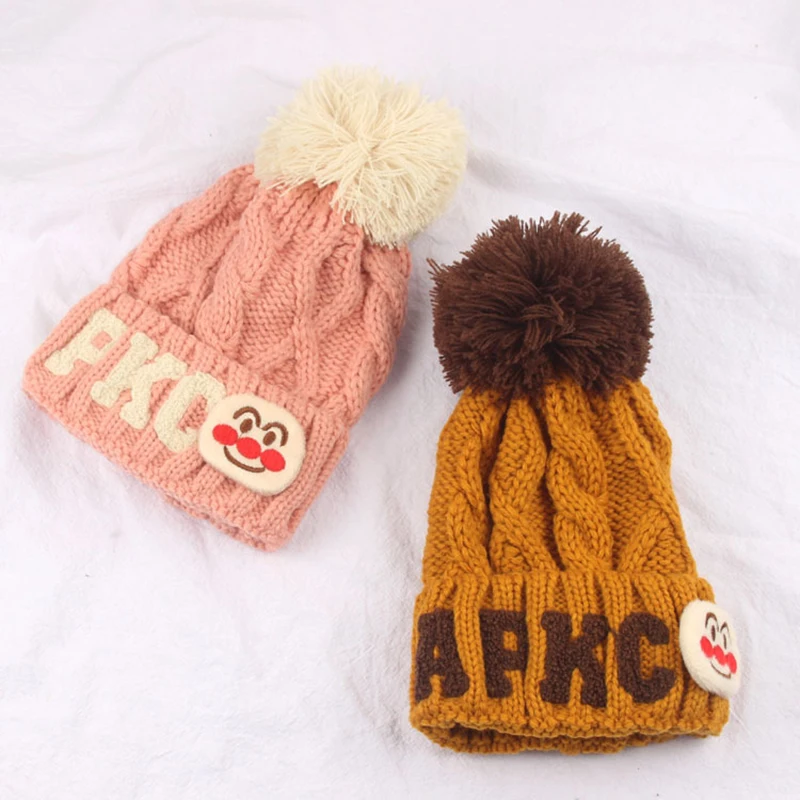 Детские шапки однотонная шерстяная вязаная шапка с вышитыми буквами и героями