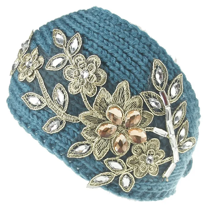 D Light Blue Винтажные хрустальные цветы, шерстяные трикотажные повязки, зимняя теплая широкая повязка на голову, наушники для женщин, головной убор - Цвет: D Light Blue
