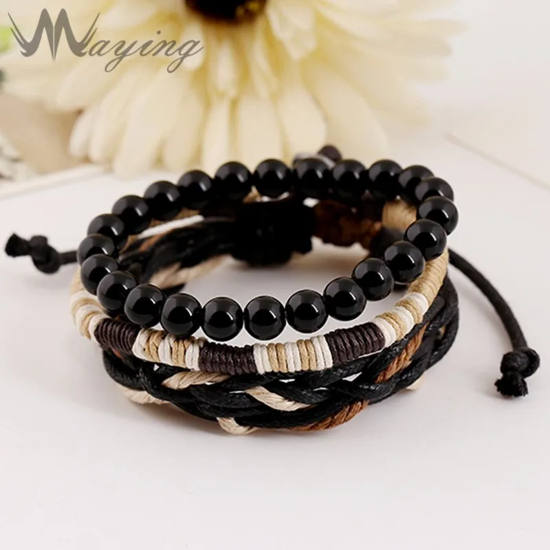 2017 ручной работы в стиле панк черного бисера многослойных плетеная веревка