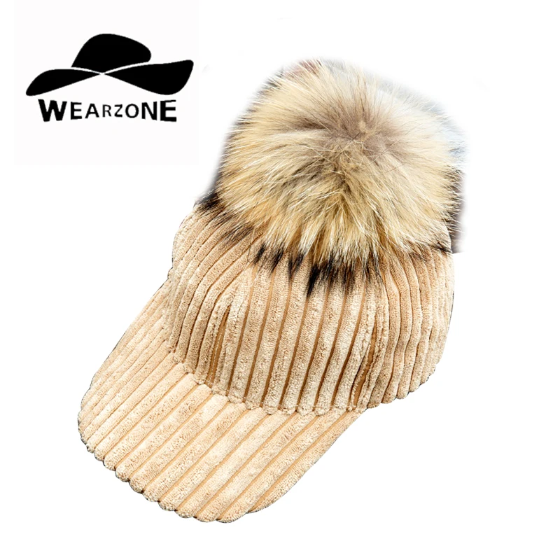 

2017 woman's baseball hats Winter coarse corduroy removable hair ball hat really raccoon hair ball Removable baseball caps
