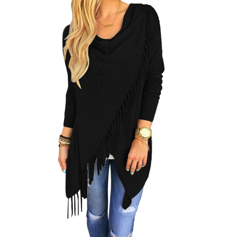 Модные женские футболки с кисточками одноцветные длинными рукавами