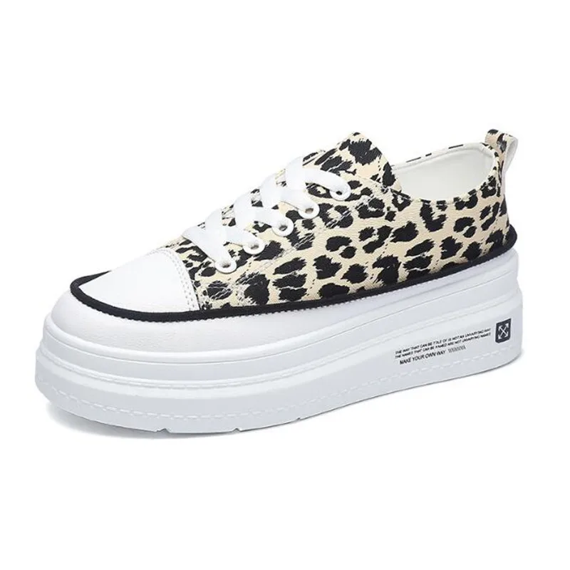 

Casual Women Lace Up Shoes Thick Med Bottom Platform PU Leather Leopard Sneakers Round Toe Loafers Woman Vulcanized Shoes