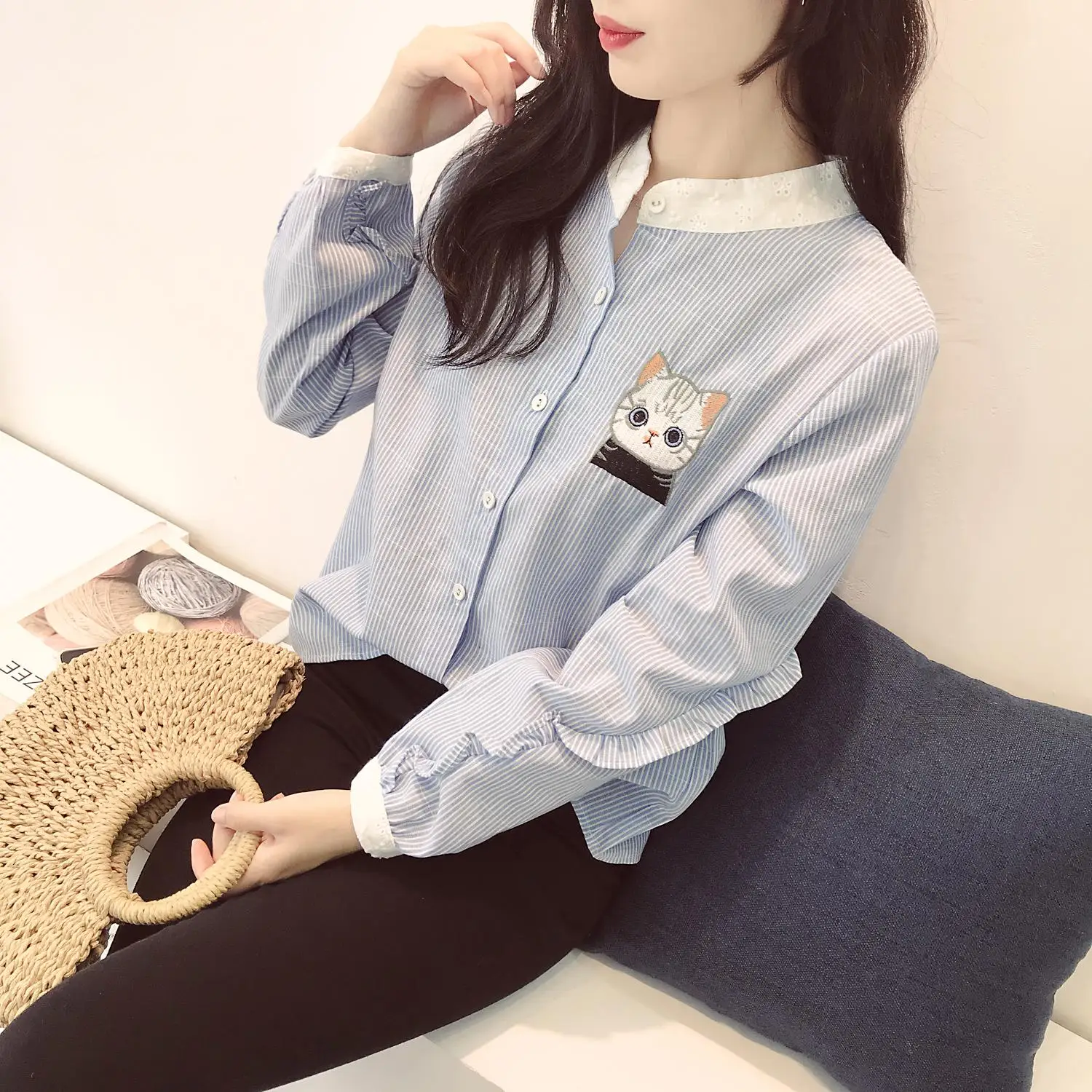 Blusas Femininas Новинка весны кошка вышивка полосатая блузка Для женщин с длинными