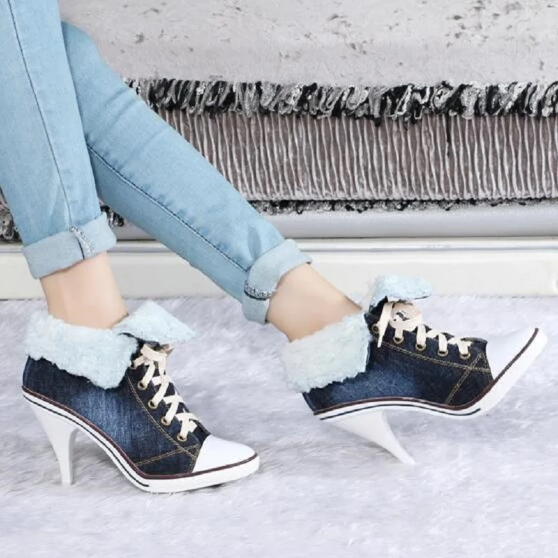 Женские ботильоны из джинсовой ткани с острым носком на шнуровке теплые женские