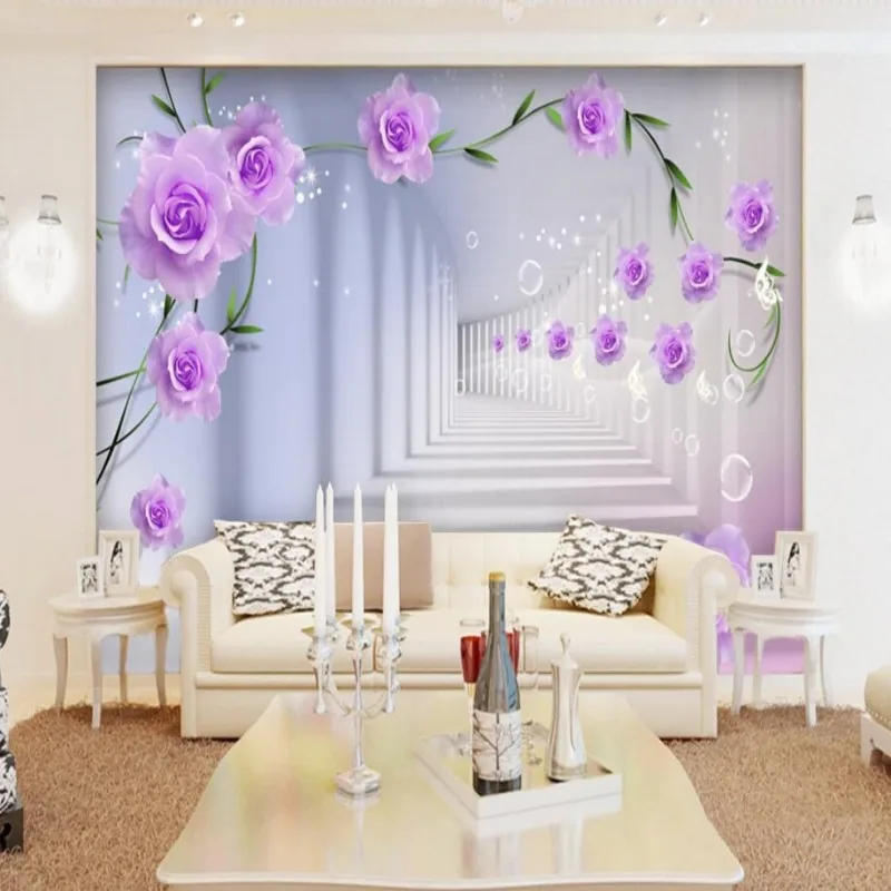 Beibehang Customize any sizewallpaper 3D living room bedroom backdrop abstract perspective background wallpaper purple flowers |