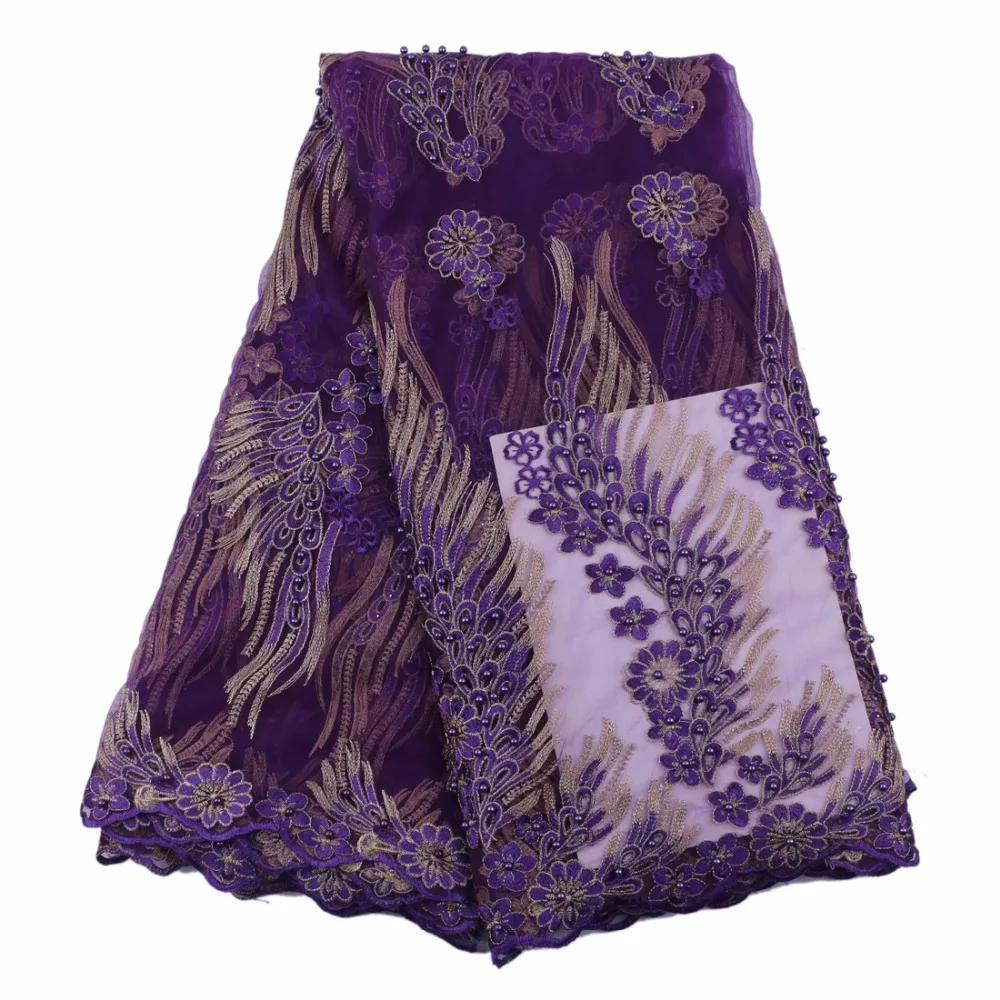 Фиолетовый бисером кружевной ткани с золотым кружевом embroiderey и бусы Крыло узором