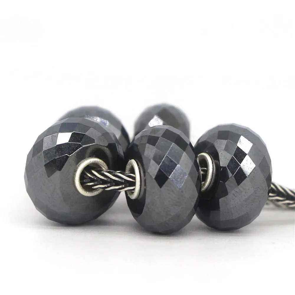 Mistletoe 925 Sterling Silver 3.6mm Core Faceted Natural Steel Hematite Stone Charm Bead Fit European 3.0mm Bracelet Jewelry