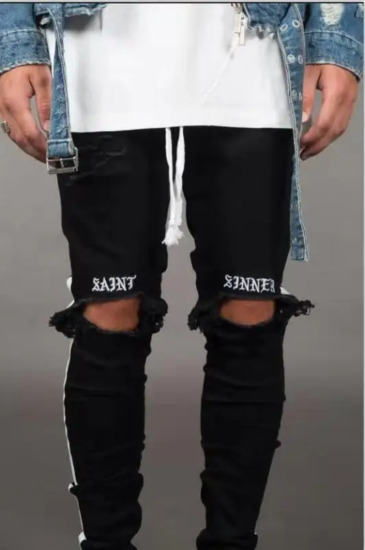 Новые мужские джинсы Pantalones уличные черные отверстия дизайнерские белые полосы