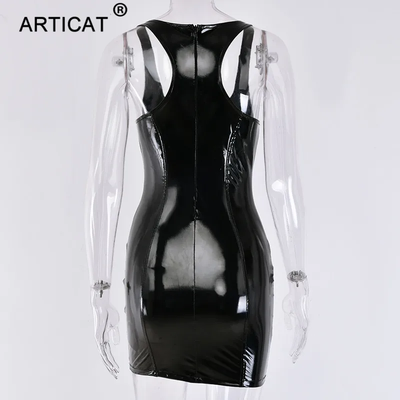 Articat, сексуальное облегающее женское платье из искусственной кожи, розовое, на бретелях, без рукавов, u-образный вырез, облегающее мини-платье, сексуальное Клубное платье, короткое, Vestidos