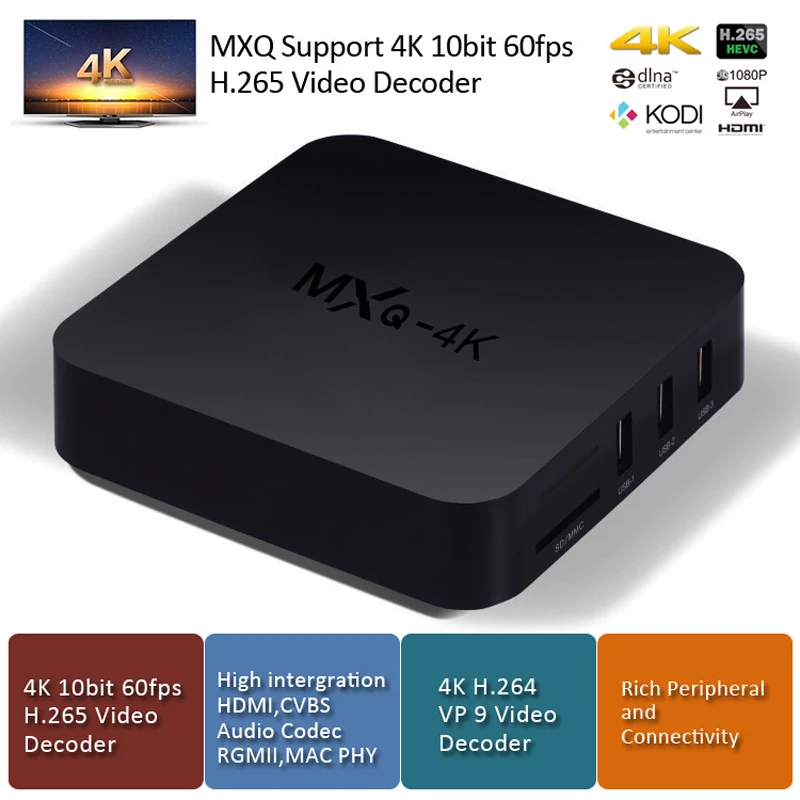 Mxq 4 К 10 бит 60FPS H.265 RK3229 Quad-Core Smart Android ТВ коробка 1 ГБ 8 HD 1080 P * 2 2.4 г Wi-Fi потоковое Коди