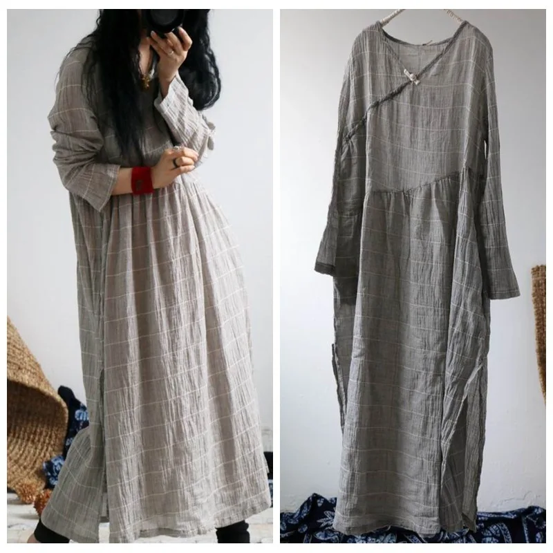 Женское льняное платье с длинным рукавом V образным вырезом|linen dress|sleeve dressdresses retro |