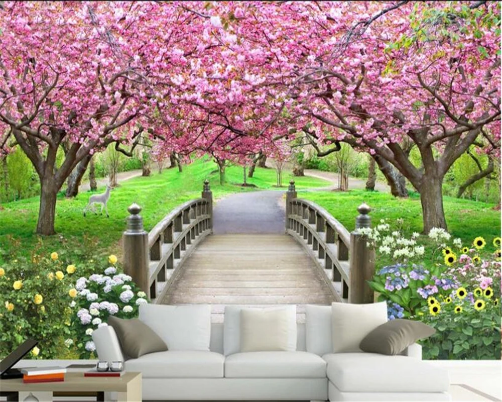 Пользовательские обои 3D фото вишневого дерева мост фон для гостиной фоновые