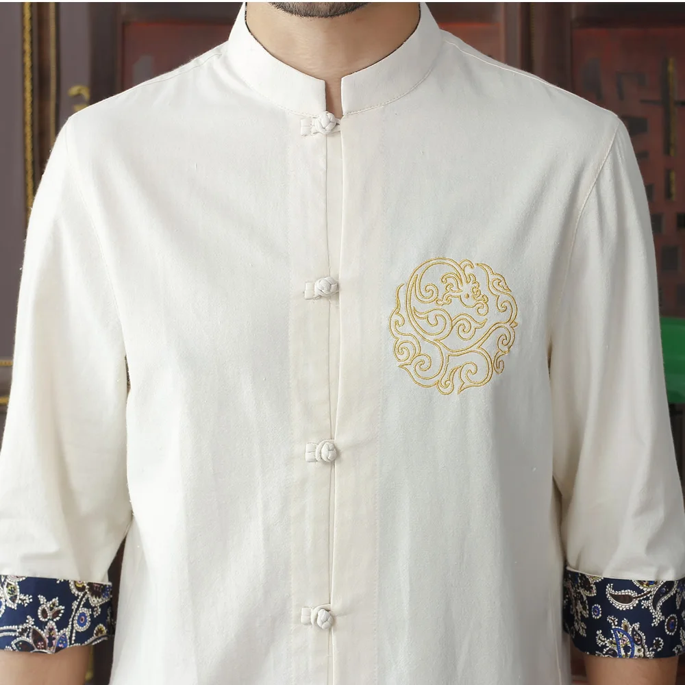 Летняя новая бежевая мужская хлопковая льняная рубашка топы винтажная китайская