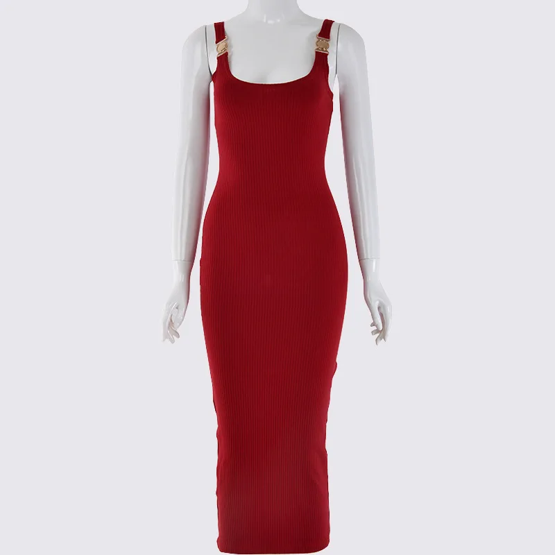 Sexy Backless Bodycon Dress Club Women Ribbed Knit Metal White Long Sleeveless Summer Party | Женская одежда