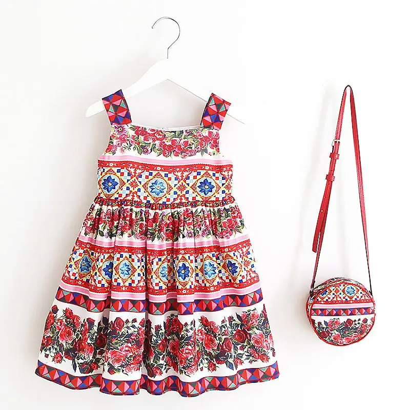 Baby Girls Flower Dress with Bag 2022 Brand Summer Dresses Children Clothing Vestidos Princess Costume for Kids | Детская одежда и
