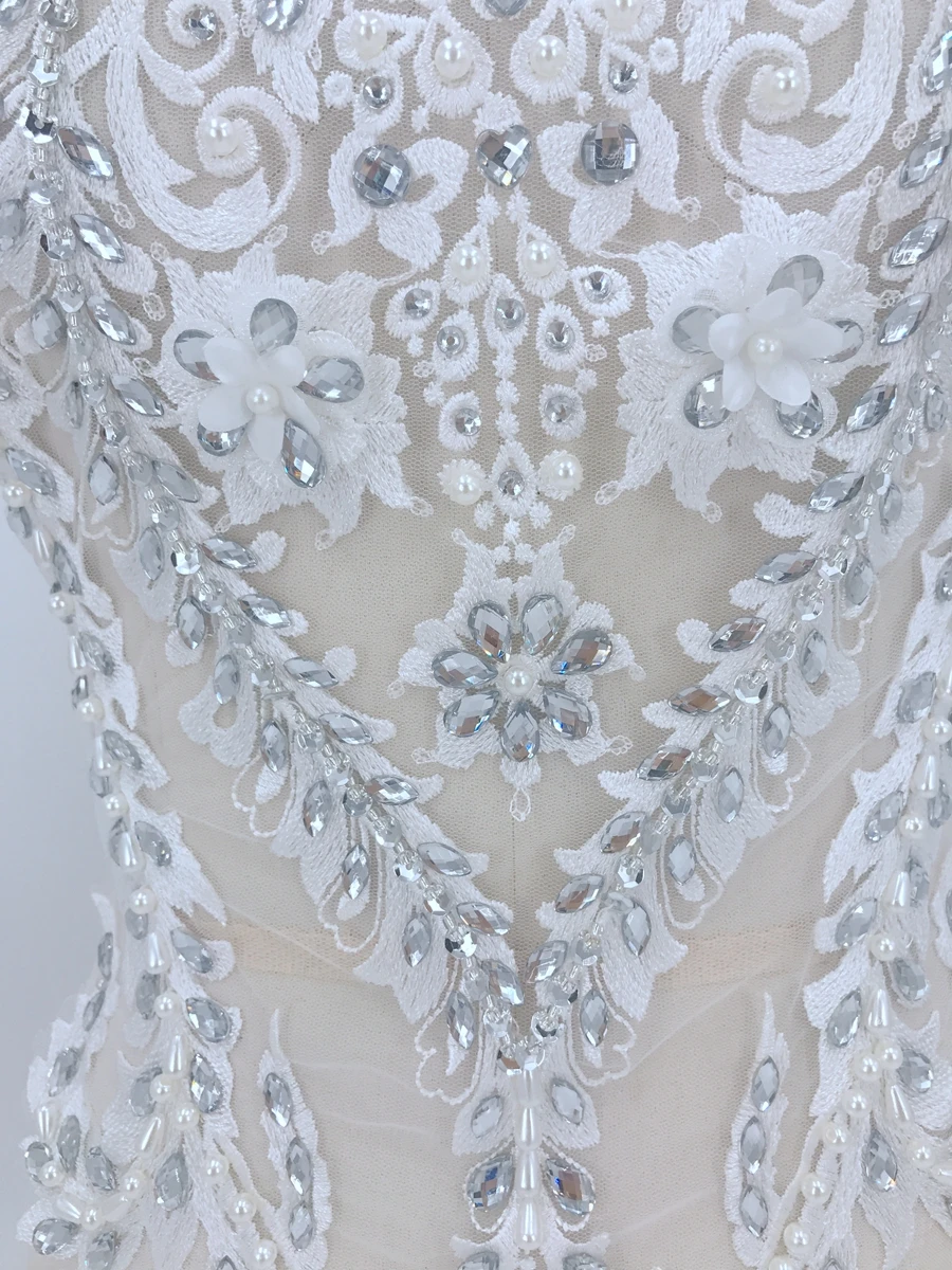 Ручная работа peal серебряные стразы слоновая кость Аппликация из белого кружева