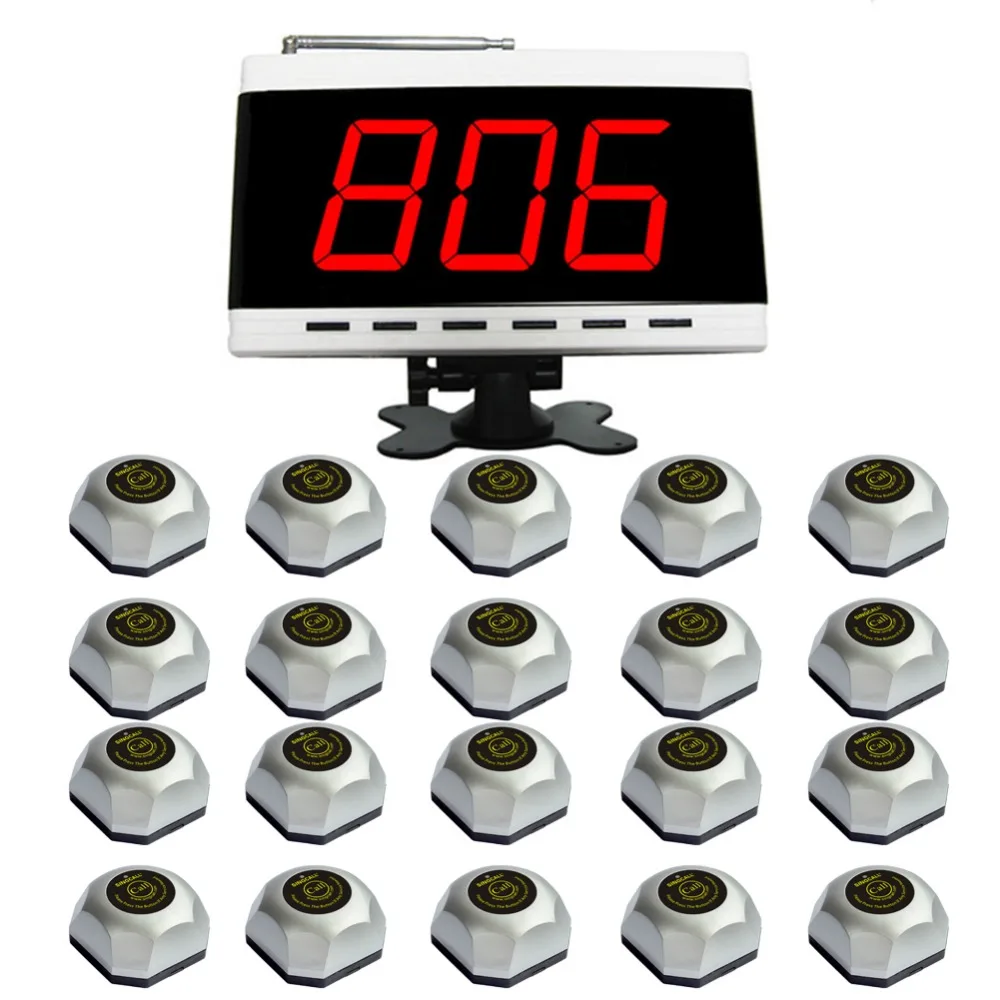 SINGCALL Service Calling System, Wireless Paging System for Hotel, 1pc White Display Receiver and 20pcs Table Bells