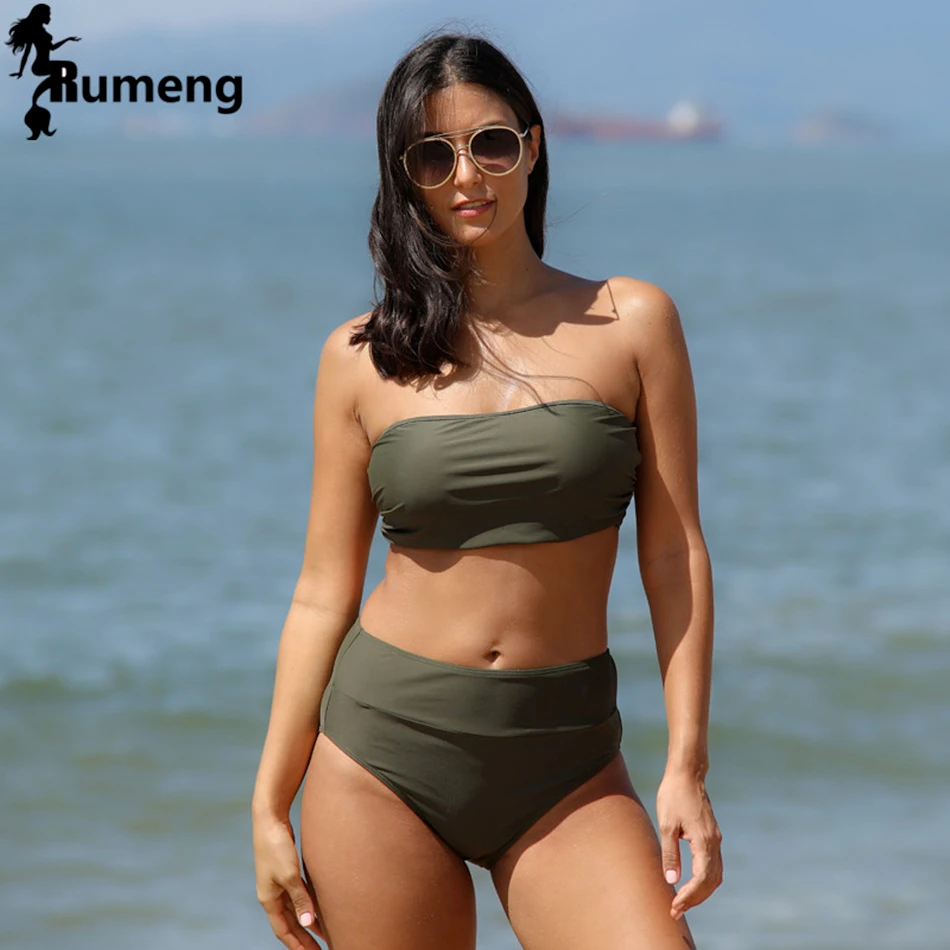 Женский купальник RUMENG однотонный бикини с высокой талией и пуш апом|female female|female