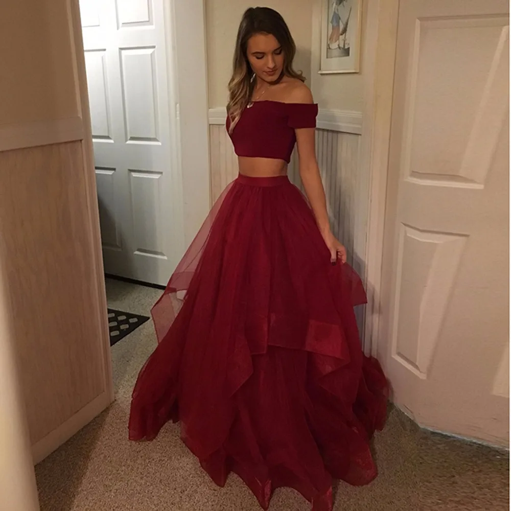 

Evening Dress Long Boat Neck Two pieces Tulle Party Gowns Evening Gowns Formal Elegant Prom Gowns Vestido De Festa Longo