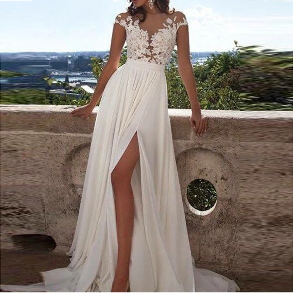 

Chiffon Bohemian Wedding Dresses with Appliques Sheer Neckline Off the Shoulder High Slit Bridal Gowns Summer Wedding Dress 2020