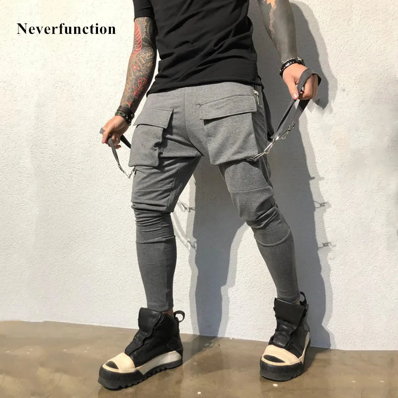 

New korean Streetwear Hip-hop gray Skinny casual Cargo sweat pants Ribbon Multi-pocket Stretch fabrics Men Joggers trousers