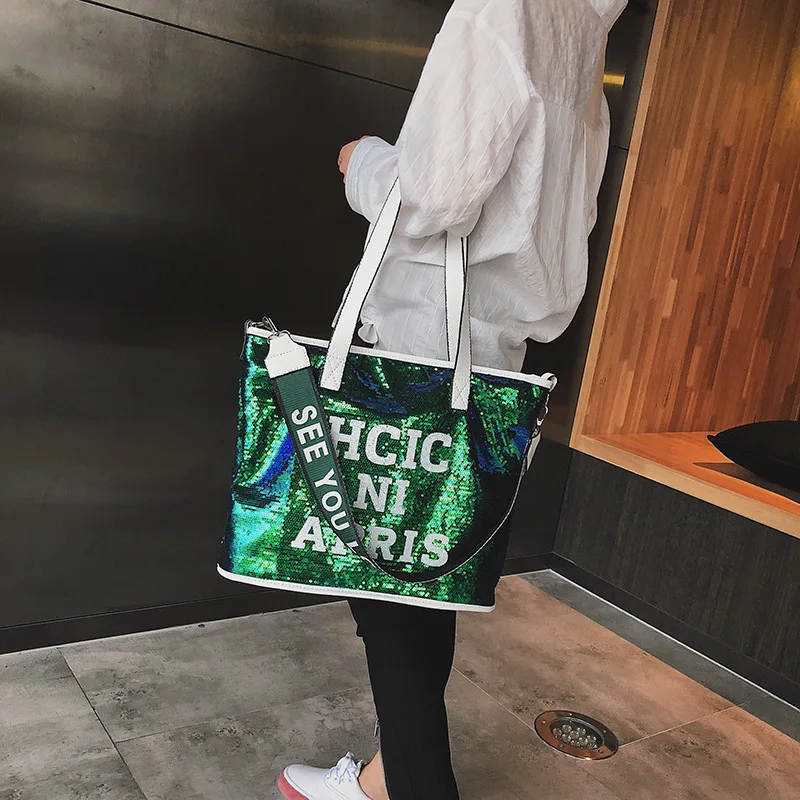 OLOEY Новый Осень 2018 г. Мода блестками сумки дамы повседневное Tote письма Bling сумка