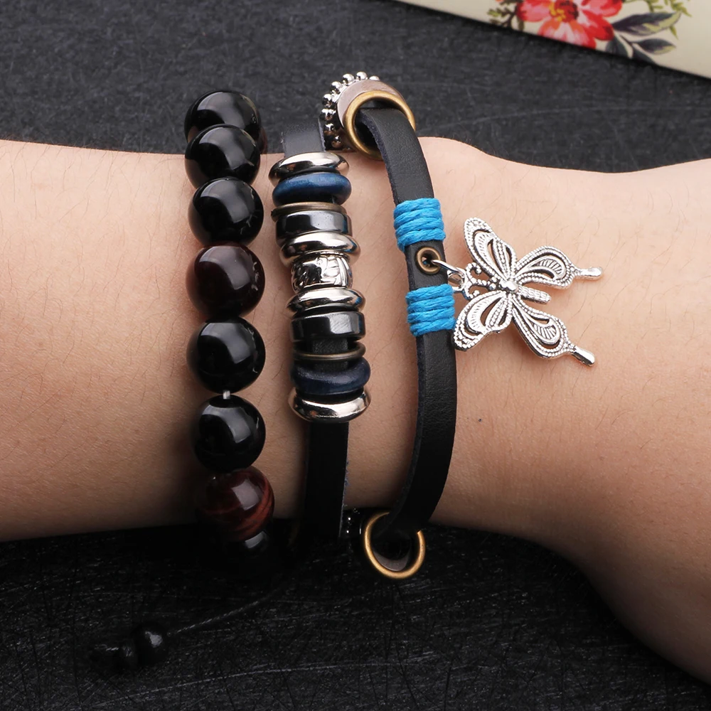 LIKA Newest Personality Charm Butterfly Bracelets Black Multiple Leather &amp Bangles For Women Men Drop Shipping Jewelry | Украшения и