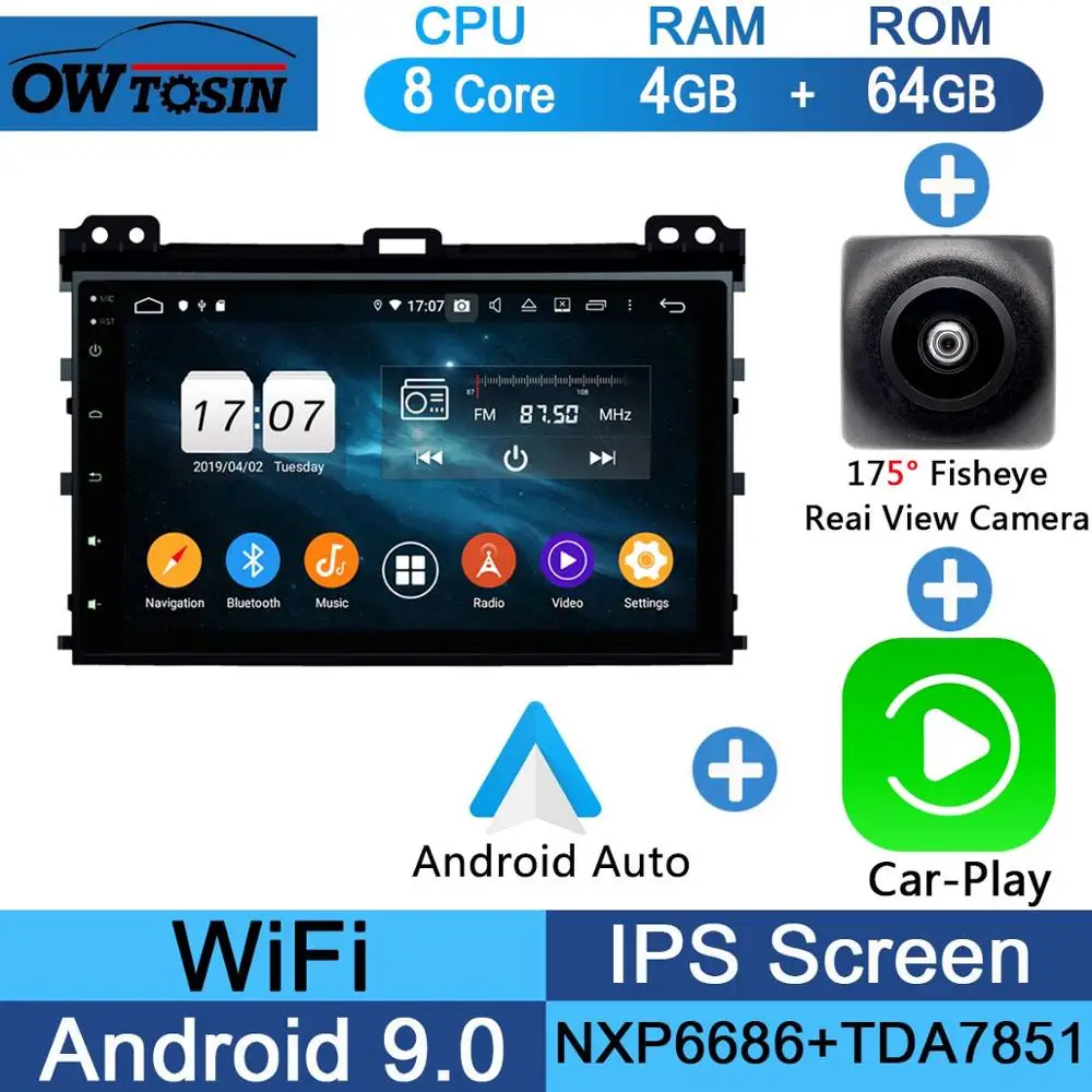 Fisheye Carplay n A " ips Android 9,0 8 ядерный 4 Гб ram+ 64 ГБ rom автомобильный DVD радио gps для Toyota Land Cruiser Prado LC 120 2002-2010 DSP CarPlay Parrot BT - Цвет: Fisheye Carplay n A