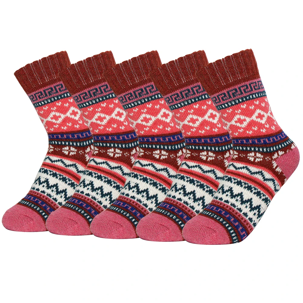

5 Pairs Autumn Winter Socks Women Rabbit Wool Quality Extra Thick Cross Flowers Pattern Colorful Literary National Warm Sock Hot