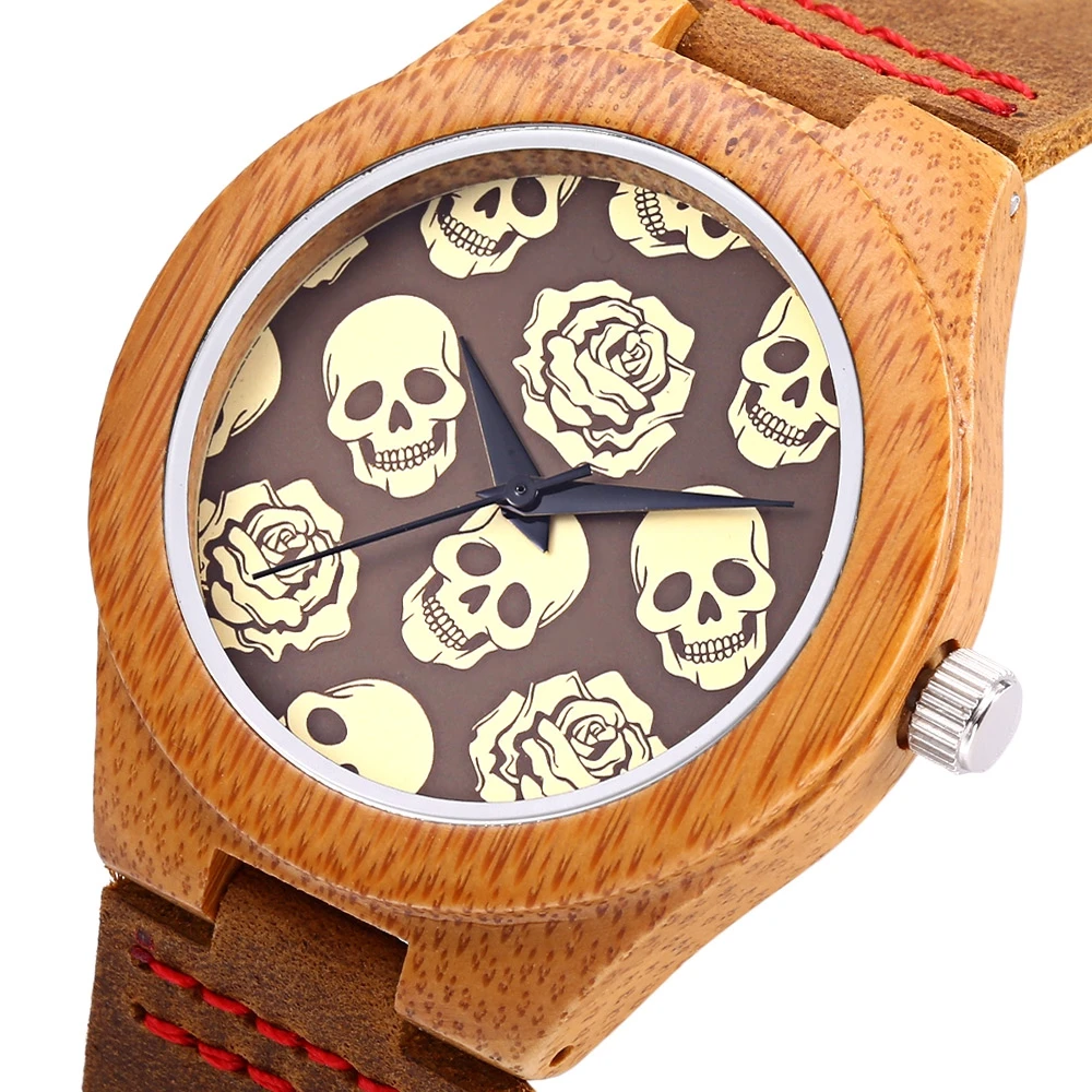 REDEAR Men Quartz Watch Imported Movt Skull Pattern Wooden Case Wristwatch | Наручные часы