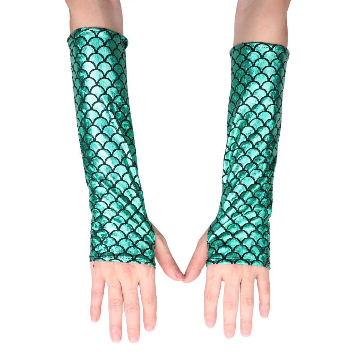 Adult Mermaid Arm Sleeves Gloves Fish Scale Pattern Printed Fingerless Long Gloves Arm Sleeves Halloween Costume Accessory