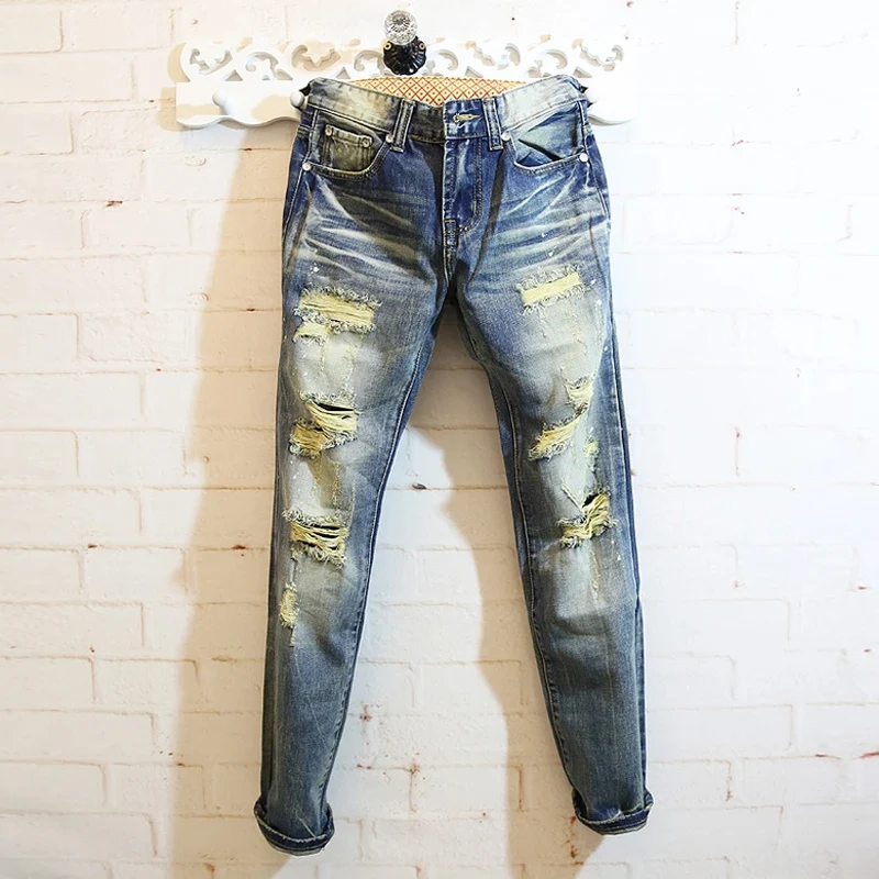 Ragged jeans vintage Scratch long pants 