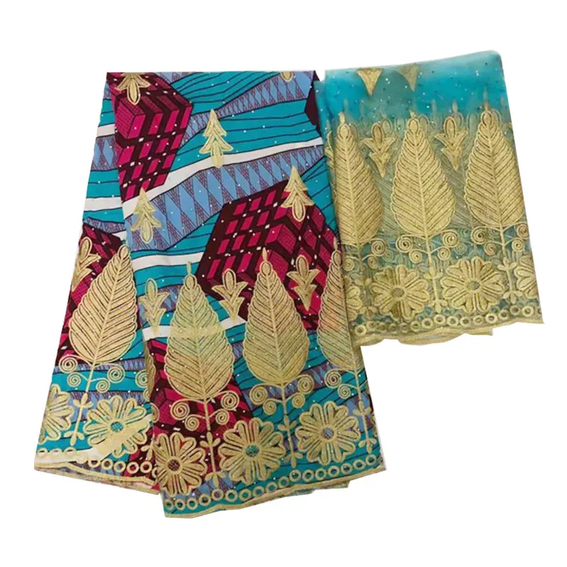 5 + 2 ярдов Африканский искусственный шелк ткань с Тюль французское кружево шарф