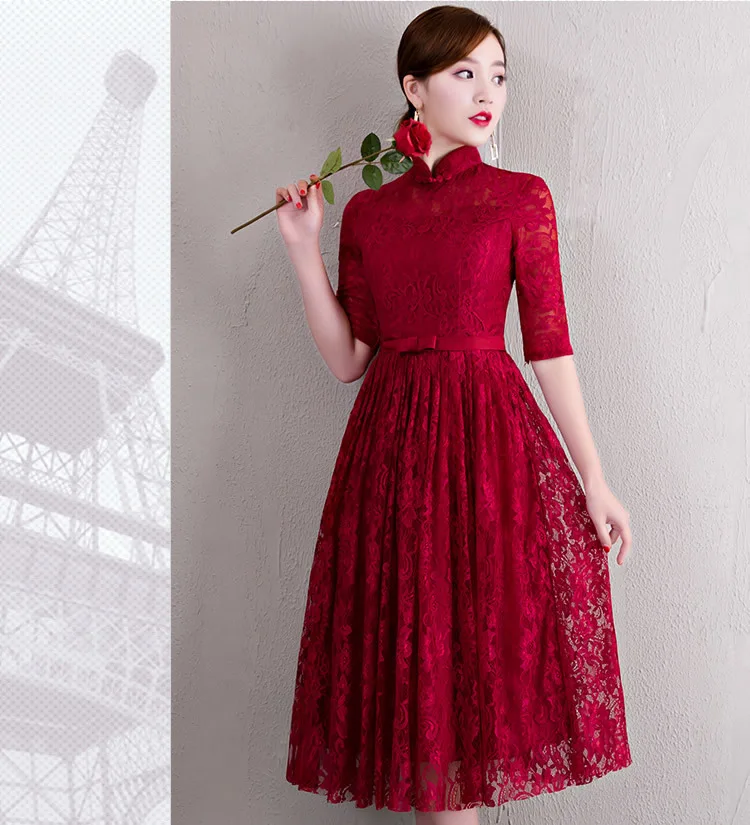 Китайское платье Qipao красное вино вечерние платья новая мода длинное кружевное вечернее платье невесты восточные Свадебные платья Cheongsam - Цвет: wine red