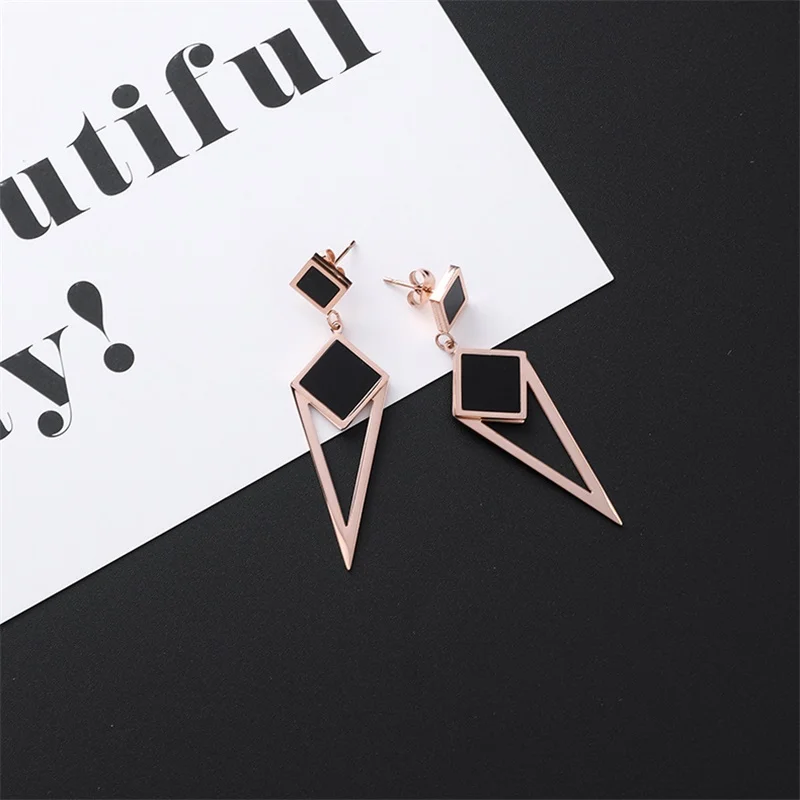 style-13 New Listing Geometric Titanium Steel long Tassel Girl Earrings gold Stainless Steel Triangle leaf Girl Black Jewelry Earrings 1 - Окраска металла: style-13