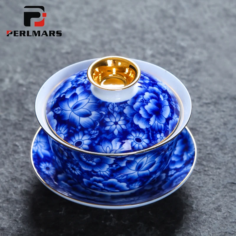Цзиндэчжэнь керамический синий и белый фарфор винтажный комплект Gaiwan с крышкой