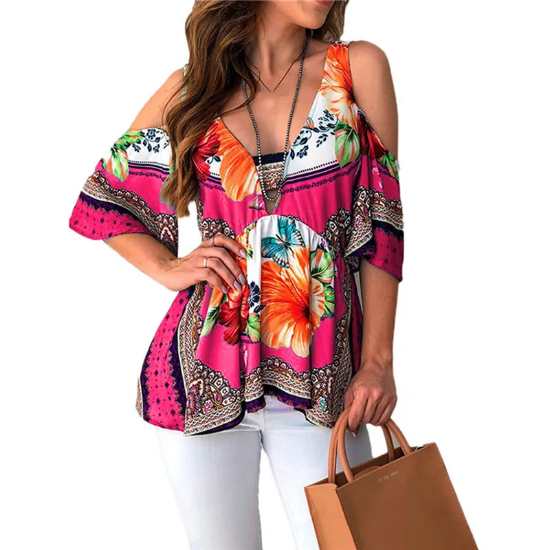 Модные женские туфли Boho Народный Обычай Футболка цветок глубоким v-образным