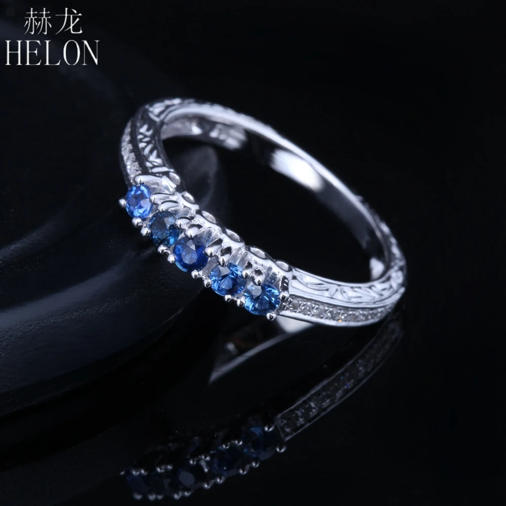 HELON Solid 10 K белое золото круглый натуральный 0.45ct Алмаз& сапфировые обручальные Свадебный классический Ювелирное Украшение с драгоценным камнем кольцо
