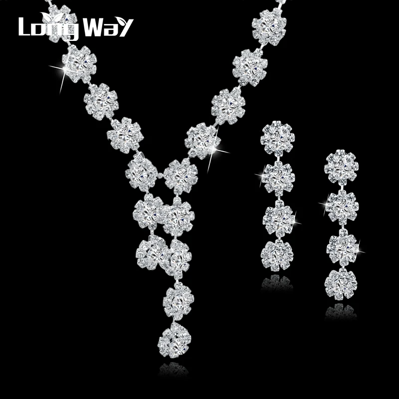 

LongWay Crystal Wedding Jewelry Set Of Silver Color Fer Stud Earrings Pendant Necklace Set Bridal Jewelry Sets SET150004