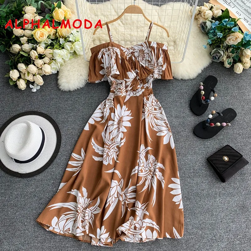 Женское плиссированное платье ALPHALMODA Пляжное с открытыми плечами высокой талией