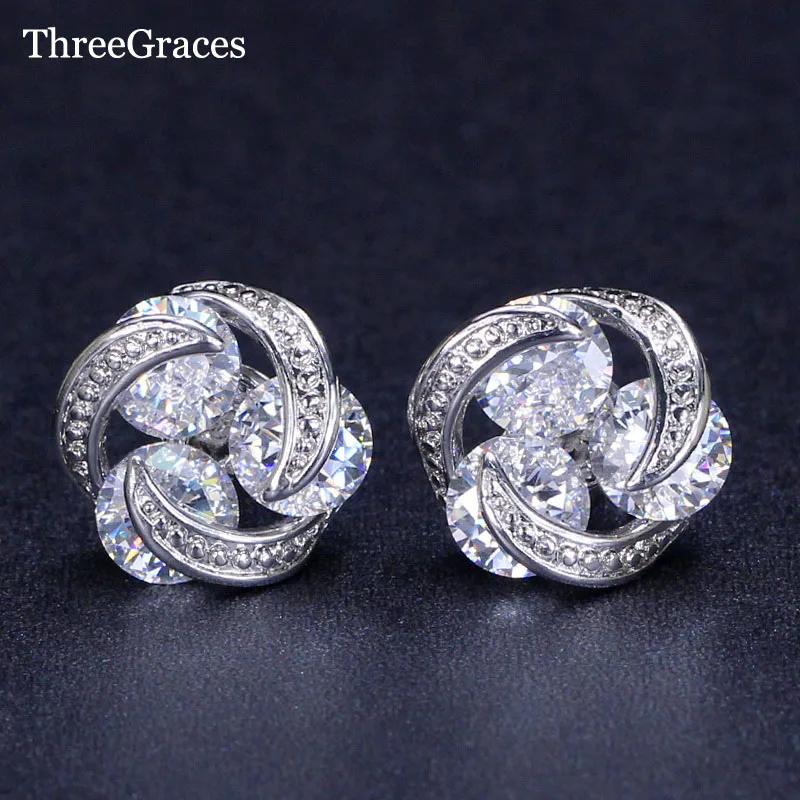 Серьги гвоздики из Кубического циркония ThreeGraces три круглых прозрачных белых