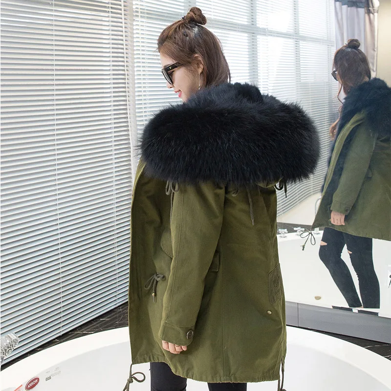 

2019 Winter army green Large real raccoon fur hooded warm coat parkas outwear women natural fox fur liner winter jacket 2 styles
