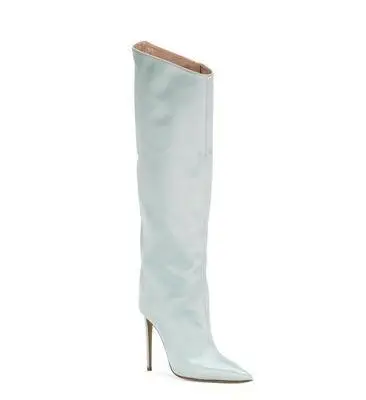 light grey BuonoScarpe/женские Подиумные сапоги на шпильках; Сапоги выше колена из зеркальной кожи с металлическим блеском; сапоги на молнии на очень высоком каблуке размера плюс - Цвет: light grey