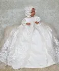 Винтажное белоеслоновое платье для крещения для маленьких девочек, кружевное платье с жемчугом, благословение, наряд для девочек, ткань для крещения с шляпкой