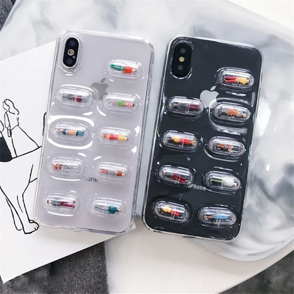 Lovely 3D Pill Capsule Transparent Phone Case for iphone 7 Cartoon Character Soft Back Cover For iPhone 6 6S 8 Plus X 10 |