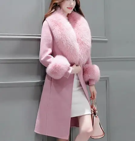 pink JQNZHNL, большой меховой воротник, шерстяные пальто, зима, новые женские утолщенные шерстяные пальто, средней длины, тонкая отбеленная шерсть, куртки, пальто E706 - Цвет: pink